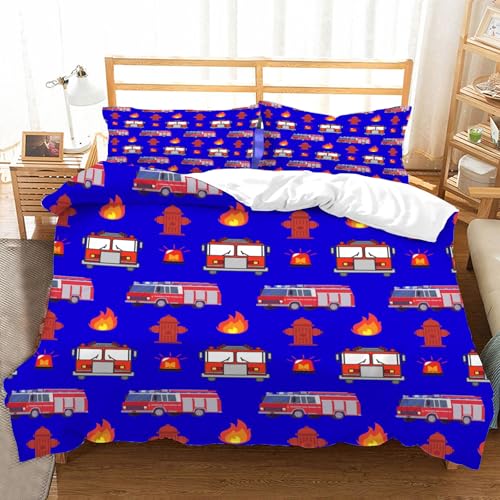 Hongduo 3D Feuerwehrauto Fahrzeug Muster Bettwäsche Set 200x200 cm Weich Mikrofaser Feuerwehr Bettwäsche-Sets mit Reißverschluss 3 Teilig Bettbezug Set mit Kissenbezug 80x80 cm