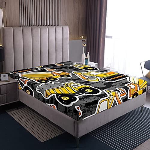 Jungen Bagger Spannbettlaken, Traktor LKW Bettwäsche-Sets Für Kinder Kind Mädchen Teens Schlafzimmer, Baufahrzeug Kran Spannbettlaken Blender Graue Wand Karikatur Spannbettlaken, Grau Gelb, 90x200