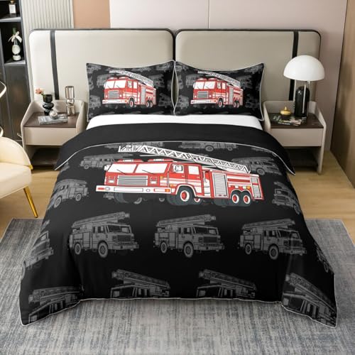 Loussiesd Feuerwehrwagen 100% Baumwolle Bettwäsche Set 135x200cm für Kinder Jungs Teens Cartoon Feuerwehrmann Auto Fahrzeug Betten mit Reißverschluss Feuerwehrmann Bettbezug