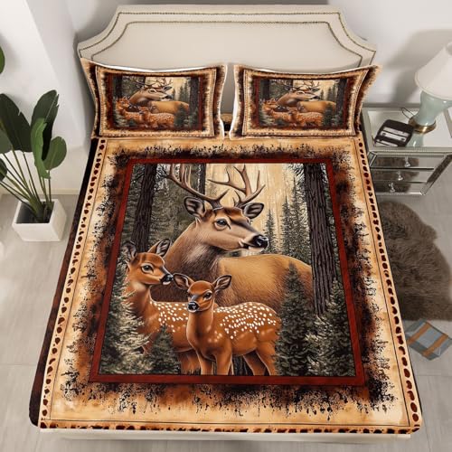 feelingyou Rustikaler Hirsch Einbaublech L Größe Wildtiere Kiefernbäume Bettdeckung 2pcs Rot Beige Retro Plaid Bettwäsche Set für Erwachsene