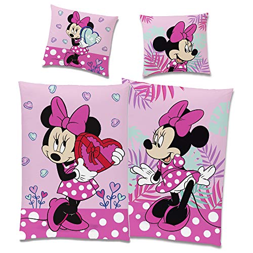 Minnie Mouse Bettwäsche-Set Wendemotiv Herz Pink 135 x 200 cm + 80 x 80 cm - 100% Baumwolle in Linon-Qualität mit YKK-Reißverschluss Renforcé Minnie Maus Disney Mickey Sweet Love Deutsche Größe