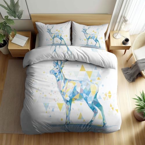 Weiß Bettwäsche 155 x 220 cm für Mädchen Jungen, Minimalistisch Tier Hirsch Drucken Bettwäsche Set - Weiche Schlafkomfort Anti Allergie Mikrofaser Bettbezüge mit 2 Kissenbezug 80 x 80 cm