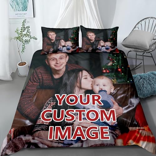 Uniqueta Personalisiertes Bettwäsche-Set mit Foto/Text/Logo, individueller Bettbezug, Kissenbezug mit Reißverschluss, für Einzel-, Doppel-, King-Size- und Super-King-Size-Bett, geeignet für Familie
