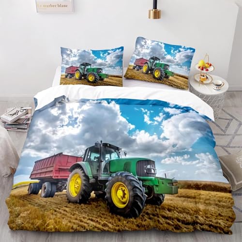 NDXRWDZR Bettwäsche 135x200 Traktor Bettwäsche-Set mit Reißverschluss Schließung für Kinder Weicher Atmungsaktive Mikrofaser Bettbezug + 2 Kopfkissenbezug 80x80 cm