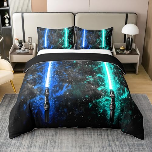 Lichtschwert 100% Baumwolle Bettbezug 135x200,Neon Teal Blau Bettbezug für Kinder Jungen Teens Erwachsener,Galaxy Starry Sky Bettwäsche Set Mode Spiele Licht Schwert Bettbezug,1 Kissenbezug