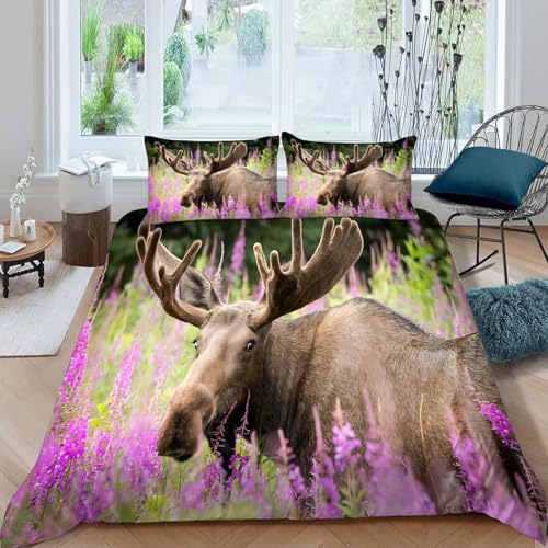 Bettwäsche 140x200 Elch Bettwäsche-Sets Lila Blumen Bettbezug mit Reißverschluss 3D Weich Mikrofaser Bügelfrei Deckenbezug 140 x 200 mit 2 Kissenbezüge 80x80 cm C-3160