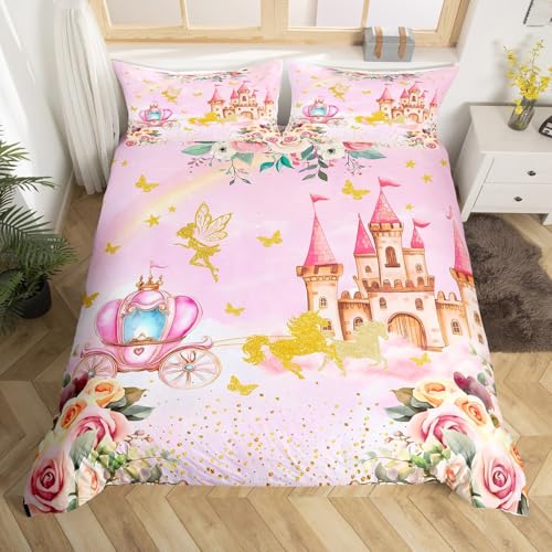 Rosa Prinzessin 135x200 Bettwäsche Set für Mädchen Prinzessin Kutsche Schloss Mädchen Tröster Abdeckung Romantische Rose Fee Girly Bettbezug Aquarell Pastell Girlish Sweet Bett Set