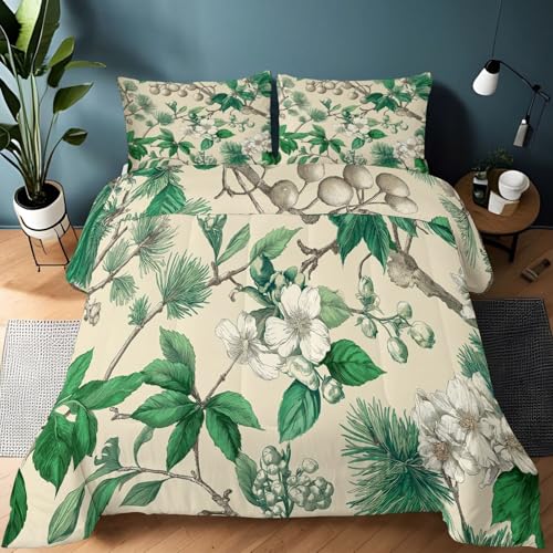 Weiche Bettdecke 200 x 220 cm Bettwäsche, Beige Braun Warme Steppdecke Wendbar Decke für Bett - Vintage Wald Pflanzen Grün Blätter Allergiker Bettdecke Kinder Bettwäsche für Jungen Mädchen Teenager
