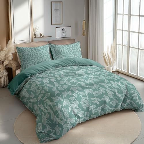 Bettwäsche 180 x 200 cm 3 teilig Kleine Blätter Einfach Muster Türkis Bettwäsche-Sets Mädchen Frauen Mikrofaser Bettbezüge und Kissenbezüge Wendebettwäsche fürs Bett mit Reißverschluss