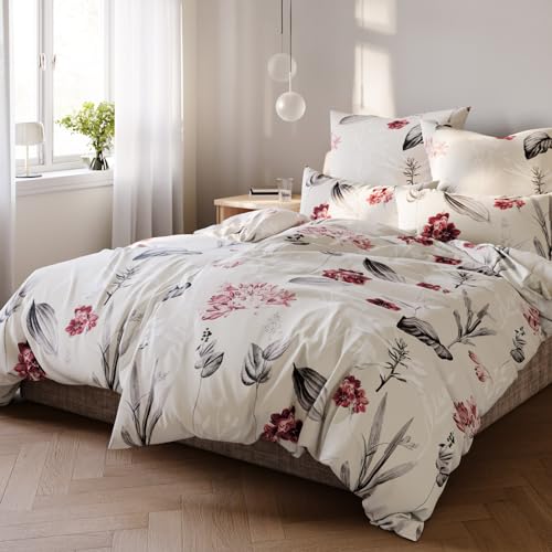 Pure Label Blumen Bettwäsche 4teilig 135x200 cm mit einem 2er Set Kissenbezüge 80x80 cm - Traumhaft weiches Bettwäsche-Sets 135 x 200 cm in Taupe aus 100% Baumwolle mit YKK Reißverschluss