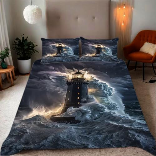 Zbeiba Leuchtturm in den Wellen Bettwäsche 135x200,Kinder Mikrofaser Bettbezug mit Reißverschluss und 2 Kissenbezüge(135x200+2 * 80x80,#1