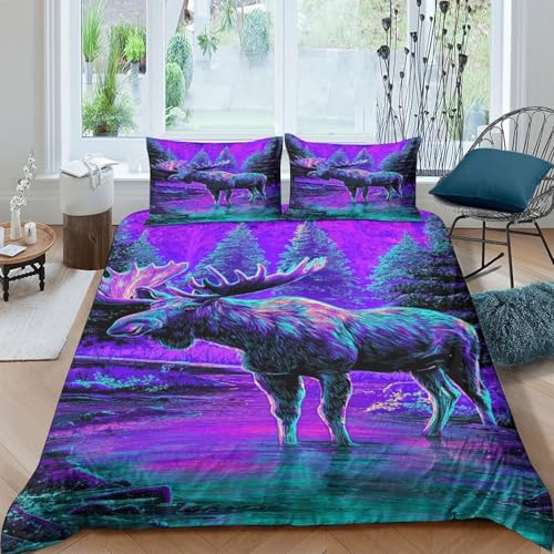 VMPLOKIJH Neon-Elch Bettbezug Set 3pcs Bettwäsche Sets, Reißverschluss Mit Kissenbezügen Betten Set Double?200x200cm?