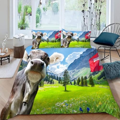 PUOJIEAT Bettwäsche 200x200 Kuh, 3D Bettbezug Landhaus Mikrofaser Bettwäsche Set Cow, Bettwäsche-Sets 200x200 + 2 Kissenbezüge mit Reißverschluss ZXC230