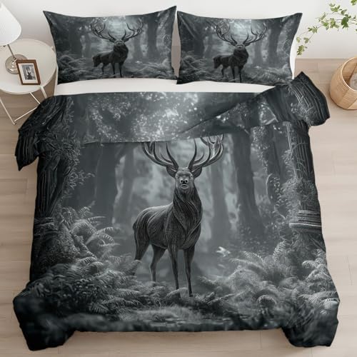 Bettwäsche 155 x 220 cm 3-teiliges Set, Aesthetic Wende Fantasy-Waldtiere Hirsch Bettwäsche Set, Atmungsaktiv, Maschinenwaschbar Schwarzgrau Bettbezug mit Reißverschluss
