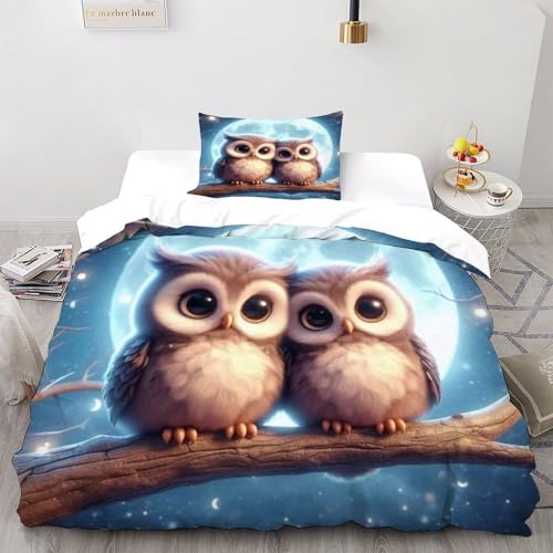 HMELTDIM Eule Mond Bettwäsche Set - Niedliche Tiere 3D Bedruckte Bettbezüge - Weiche Gebürstete Mikrofaser Bettbezug Und 1 Kissenbezug ?135x200cm?