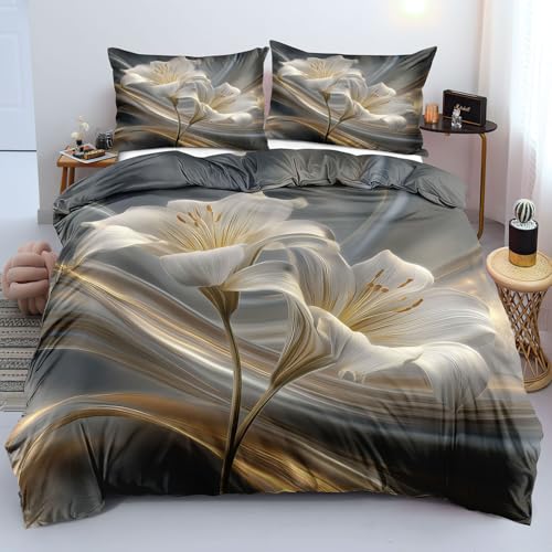 Elegantes Bettbezug-Set 135x200 mit Blumenmuster Botanische Bettwäsche Bettwäsche-Sets für Mädchen Frauen Erwachsene Teenager Schlafzimmer Wendbarer Bettbezug mit Weißen Lilienblumen und Kissenb