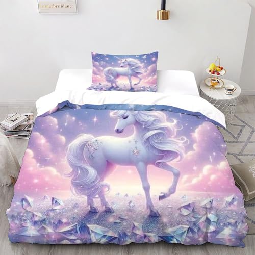 SHOVERKD Pink Weißes Pferd Bettwäsche-Set,Bettwäsc he-Set,2-teilig,fürKinde r,Jungen,Mädchen,Erwachs ene,Niedliche Tiere Daunendecke,Single?135x20 0cm?