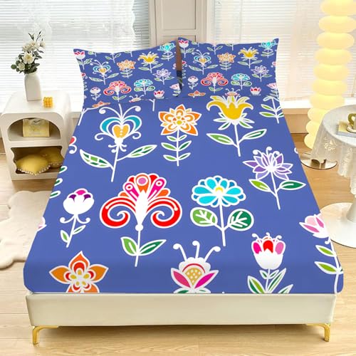 Spannbettlaken-Set für Doppelbett, Blau Blumen Im Landhausstil Tiefe Tasche 30cm,Weiche Mikrofaser,3-teiliges Bettwäsche-Set mit 2 Kissenbezügen, hypoallergen, 135 x 190 cm L564