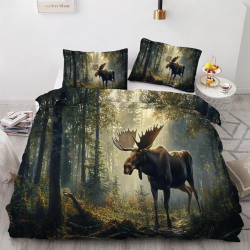 NYSMGS Bettwäsche 135x200 Elch Weich Bügelfrei Mikrofaser Bettbezug Tiere Wald Muster Kinder Schlafzimmer Deko Bettwäsche-Sets mit Reißverschluss2 Kissenbezug 80x80 1n181
