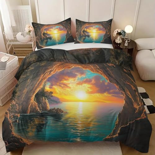 Bettwäsche 155x220 Sonnenuntergang über Dem Meer Bettwäsche-Sets 155 x 220 3 Teilig 3D Felsen Bettbezüg Weich Mikrofaser Bettbezug mit Reißverschlus und 2 Kissenbezug 80x80cm a-11