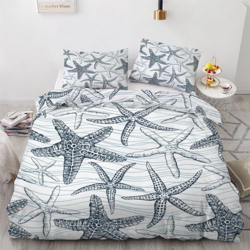 ROUSKI Bettwäsche Seestern Muschel 135x200 cm 4teilig 100% Mikrofaser Kinderbettwäsche Maritime Wendebettwäsche mit Reißverschluss 3D Motiv Zimmer Dekor Bettwäsche-Sets mit 2 Kissenbezüge 80x80