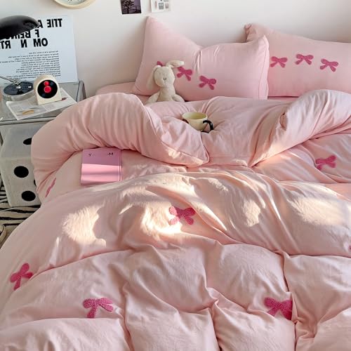GETIYA Elegant Hellrosa Unifarben Bettwäsche 135x200 4Teilig Rosa Schleife-Muster Bettwäsche Mikrofaser Mädchen Damen Bettbezug Rosa mit Reißverschluss und 2 Kissenbezug 80x80