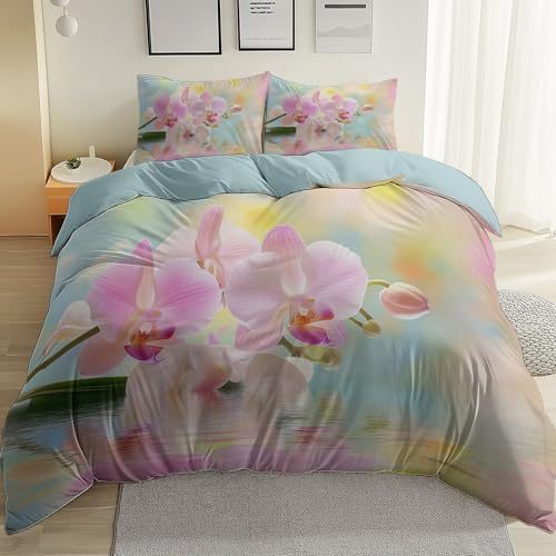 Bedruckte Bettwäsche Set 135 x 200 cm, Pflanze Orchidee Wasseroberfläche Weiche Mikrofaser Bettbezug Sets mit 2 Kissenbezug, Hellblau atmungsaktiv Bettbezug mit Reißverschluss