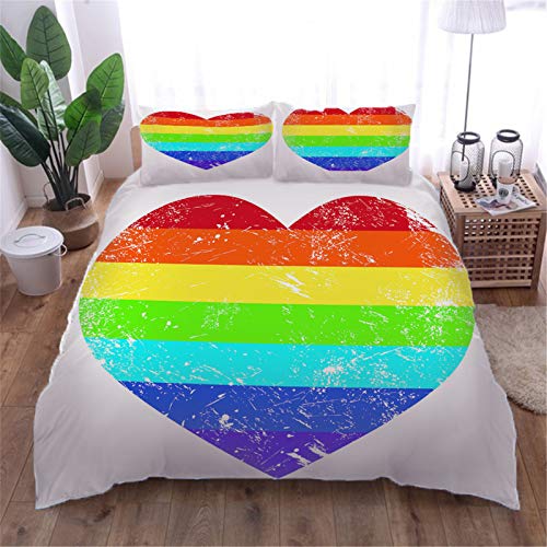 AOUAURO Bettwäsche 200x200 Herzförmiger Regenbogen Bettbezug Set 3D 3-Teiliges Polyester mit Reißverschluss 1 Bettbezug und 2 Kissenbezug 80x80cm 3 Stück Doppelbett