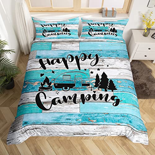 Camper Abenteuer Bettbezug Set S Größe,Glückliche Camping RV Anhänger Dekor Bettwäsche Set Kinder Erwachsene,Rustikale Bauernhaus Holztür Tröster Abdeckung,Blau Retro Quilt Cover,1 Kissenbezug
