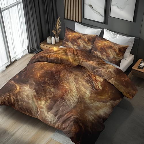 Generisch Bettwäsche 200x200 Drachen, Weiche Bügelfreie Mikrofaser Bettbezug Set 3tlg, Orientalisches Fabelwesen Muster Schlafzimmer Deko, 2 Kissenbezüge 80x80, mit Reißverschluss SG50