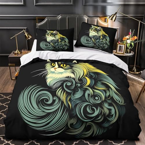 VOXYTMLWG Fluffy Katze 3D Gedruckt Bettwäsche 3 Teilig mit Reißverschluss Fantasy Bettbezug Weich mit Kissenbezug for Erwachsene,Frauen,Mädche n,Kinder Single?135x200cm?