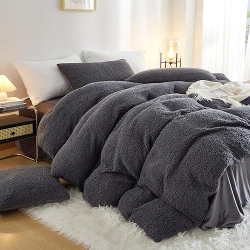 Covebett Winter Warm Bettwäsche 135x200 Grau Teddy Fleece Cashmere Touch Bettbezug Einfarbig Kuschelig Flauschig Sherpa Flanell Wendebettwäsche Set 2 Teilig mit Reißverschluss and Kissenbezüge 80x80cm