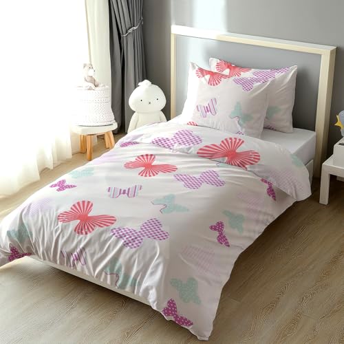 LINKHOFF Bettwäsche 135x200 2tlg - Kinderbettwäsche Mädchen 100% Baumwolle - Kinder Mädchenbettwäsche Schmetterlinge Rosa + Kissen 80x80