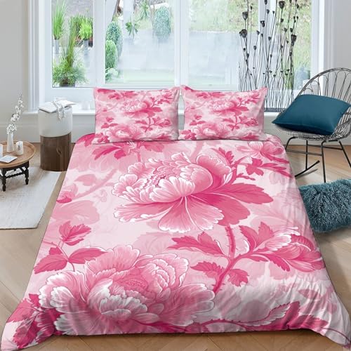 BLISSCOZY Rosa Blume Luxus Blümchen 3D Gedruckt Bettwäsche 3 Teilig Bettbezug Weiche Mikrofaser Mit Reißverschluss Und Kissenbezug Geeignet Für Kinder, Jugendliche Und Erwachsene Double?200x200cm?