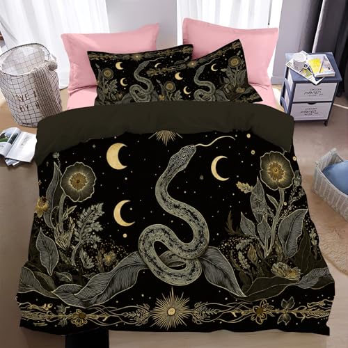 Bettwäsche 200*200cm Gold Böhmische Tierschlange Bettbezug Set 3 Teilig Mondreben Blätter Blumen Blümchen Blumenmuster Weich Bettwäsche-Sets mit 2 Kissenbezüge 80x80 cm und Reißverschluss