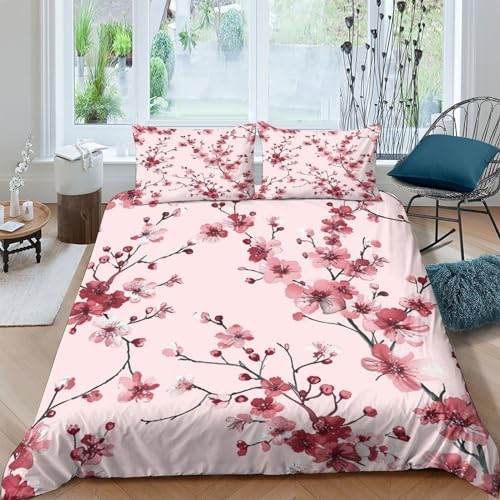 BLISSCOZY Rosa Pflaumenblüte 3D Gedruckt Bettwäsche 3 Teilig Blümchen Bettbezug Mikrofaser Mit Reißverschluss Und Kissenbezug Geeignet Für Kinder, Jugendliche Und Erwachsene Double?200x200cm?
