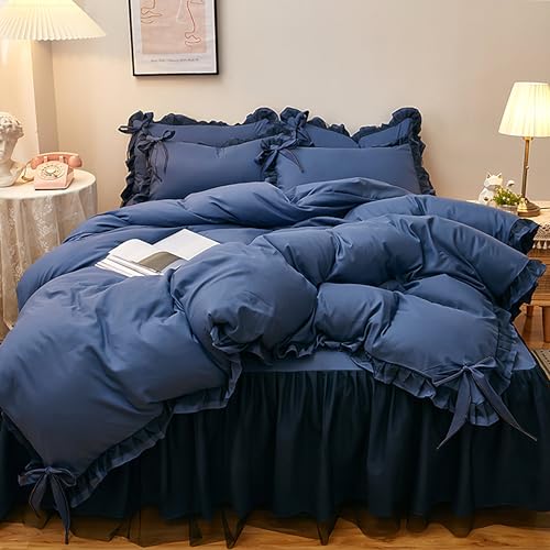 GETIYA Einfarbig Bettwäsche 135x200 Dunkelblau Bettwäsche mit Rüschen Weich Mikrofaser Bettwaesche Mädchen Damen Bettbezug mit Schleife Einzelbett Bettwaren-Set mit 1 Kissenbezug 80x80