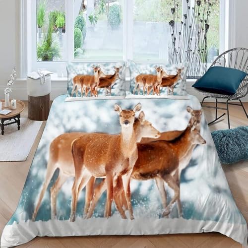 TACOKI Sika-Hirsch Bettwäsche 140x200 Sika-Hirsch Bettwäsche Set, 3D Muster Wendebettwäsche Bettbezug 3-teilig Weich Cozy Mikrofaser Bettbezüge + 2 Kissenbezüge 80x80 cm 7490a