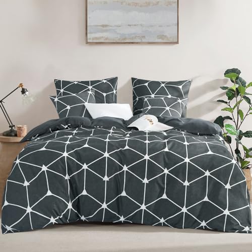 RUIKASI Bettwäsche 200x220 3 teilig Anthrazit - Bettbezug 200 x 220 Set mit Geometrie Muster, Bettwäsche-Set 220x200 aus Mikrofaser mit Reißverschluss Weich und Bügelfrei