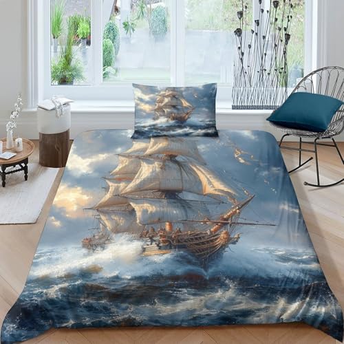 Segelboot 3D Gedruckter Maritime Frachtschiff Bettwäschegarnitur Für Kinder Mädchen Jungen Reissverschluss Bettwäsche Kissenbezüge Weich Microfaser 3 Teilig Single?135x200cm?