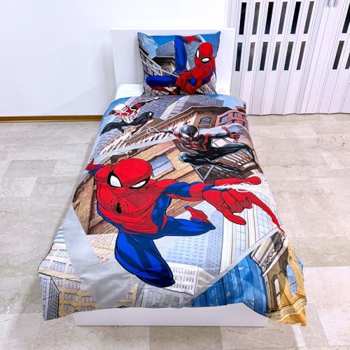 Halantex Spiderman Spiderman Maske Weiß und Miles Morales – Bettwäsche-Set – ein Bettbezug 140 x 200 cm und ein Kissenbezug 70 x 90 cm – 100 % Baumwolle – Mehrfarbig, SPM-4316BL