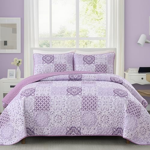 Dobuyly Bettwäsche-Set für King-Size-Betten, Boho-Blumenmuster, Patchwork, Tagesdecken, Deckenset, 3-teilig, weiche, leichte Mikrofaser, für alle Jahreszeiten, 279,4 x 228,6 cm, Violett