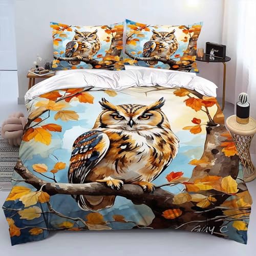 Qiqumax Eule Bettwäsche Set 3D Realistisches Eule Bettwäsche Set, Süßer Owl Motiv Druck Design Bettbezug Für Jungen Mädchen Kinder (6,135 x 200 cm)
