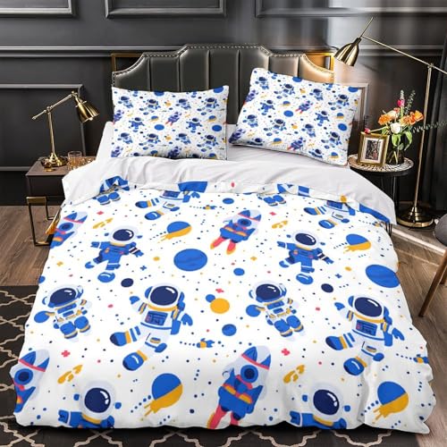 Yilani Weltraum-Astronaut 3D Bedruckt Bettdeckenbezug 3teilig Mikrofaser pflegeleicht Cartoon-Design Bettbezug 2 Kissenbezüge maschinenwaschbar Erwachsene Paare Single?140x200cm?