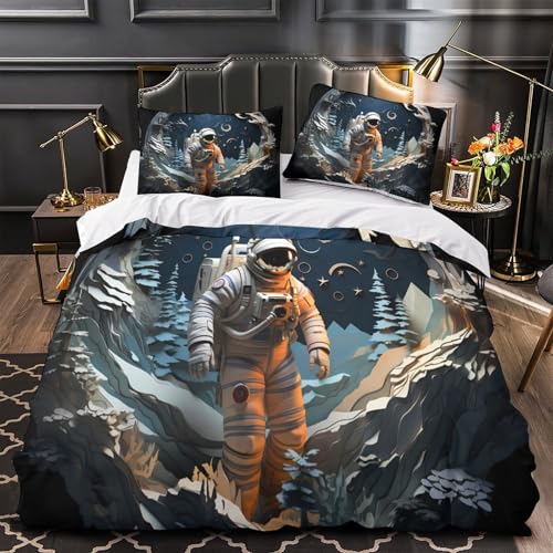 MSVMPGTHB Astronaut geht 3D Bedruckt Bettdeckenbezug 3teilig Mikrofaser hautfreundlich Weltraumpapier Bettbezug 2 Kissenbezüge Abriebfest Kinderzimmer Deko Single (135x200cm)