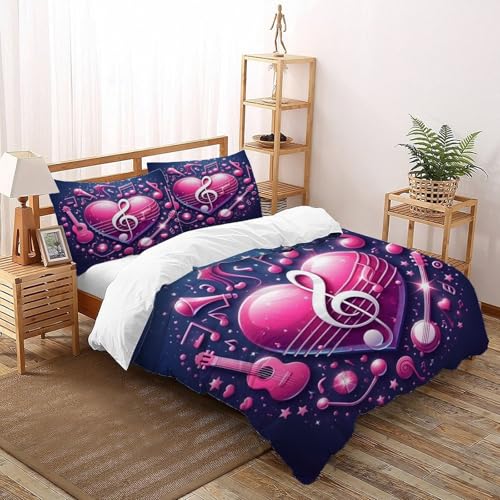 SHEVOVER Pink Musiksymbol Bettwäsche Set 3D Druck Pink Music Weiche Mikrofaser Bettwäsche Mit 2 Kissenbezügen Mit Leichtläufigem Reißverschluss Für Teens King?220x240cm?