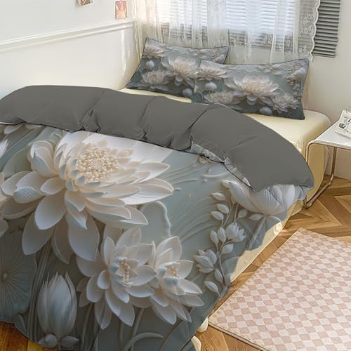 CEDNXOER Orientalische Kunst Bettwäsche 135x200cm, 3D Druck Bettbezug in Strukturierter Optik Blühender Geschnitzter Lotus,Weiche Bettwäsche Set 2-teilig mit Reißverschluss und 1 Kissenbezug 80x80 cm