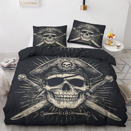 NIYAKA Weiche Bettwäsche 140x200 Pirat Set 2teilig, Bettbezug Totenkopf Maritim Teenager mit Kissenbezug 70x90 cm, Mikrofaser Wendebettwäsche mit Reißverschluss, Kuschelig & Pflegeleich