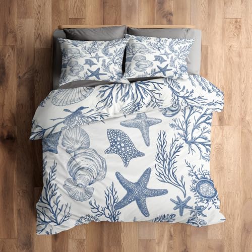 Generisch 135x200 Bettwäsche Seestern Bettbezug - 2tlg, 1 Kissenbezug 80x80, Meer Muscheln Muster, Schlafzimmer Deko, Weiche Mikrofaser Wendebettwäsche mit Reißverschluss - OI771