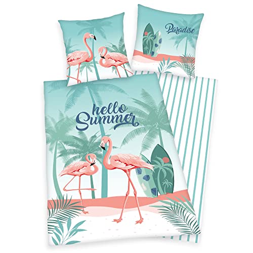 Klaus Herding GmbH Wende Bettwäsche Set mit Flamingo 135 x 200 + 80 x 80 cm